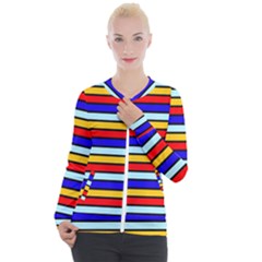 Red And Blue Contrast Yellow Stripes Casual Zip Up Jacket by tmsartbazaar