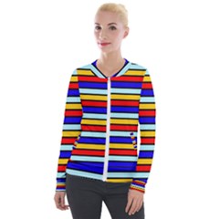 Red And Blue Contrast Yellow Stripes Velour Zip Up Jacket by tmsartbazaar