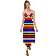 Red And Blue Contrast Yellow Stripes Halter Tie Back Dress  by tmsartbazaar