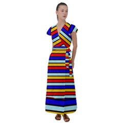 Red And Blue Contrast Yellow Stripes Flutter Sleeve Maxi Dress by tmsartbazaar