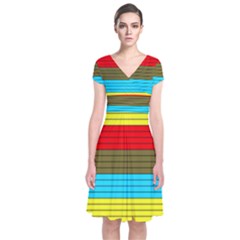 Multicolor With Black Lines Short Sleeve Front Wrap Dress by tmsartbazaar