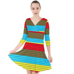 Multicolor With Black Lines Quarter Sleeve Front Wrap Dress by tmsartbazaar