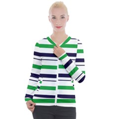 Green With Blue Stripes Casual Zip Up Jacket by tmsartbazaar