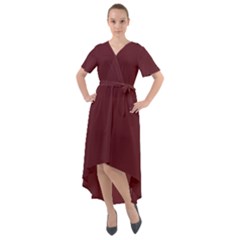 True Burgundy Color Front Wrap High Low Dress by SpinnyChairDesigns