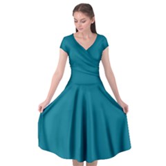 True Teal Blue Color Cap Sleeve Wrap Front Dress by SpinnyChairDesigns