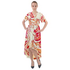 Red Orange Abstract Art Front Wrap High Low Dress by SpinnyChairDesigns