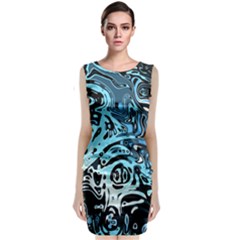 Black Blue White Abstract Art Sleeveless Velvet Midi Dress by SpinnyChairDesigns