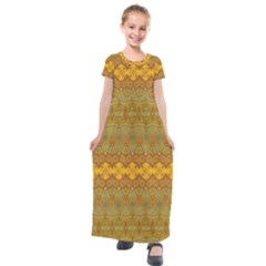 Boho Old Gold Pattern Kids  Short Sleeve Maxi Dress by SpinnyChairDesigns