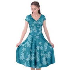 Teal Blue Floral Print Cap Sleeve Wrap Front Dress by SpinnyChairDesigns