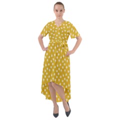 Saffron Yellow White Floral Pattern Front Wrap High Low Dress by SpinnyChairDesigns