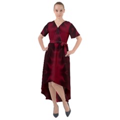 Black Red Tie Dye Pattern Front Wrap High Low Dress by SpinnyChairDesigns