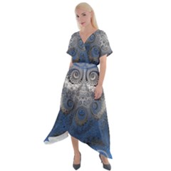 Blue Swirls And Spirals Cross Front Sharkbite Hem Maxi Dress by SpinnyChairDesigns