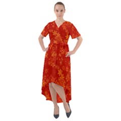 Orange Red Floral Print Front Wrap High Low Dress by SpinnyChairDesigns