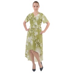 Olive Green With White Flowers Front Wrap High Low Dress by SpinnyChairDesigns