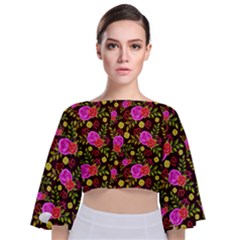 Background Rose Wallpaper Tie Back Butterfly Sleeve Chiffon Top by HermanTelo