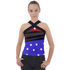 Mixed Polka Dots And Lines Pattern, Blue, Red, Brown Cross Neck Velour Top by Casemiro