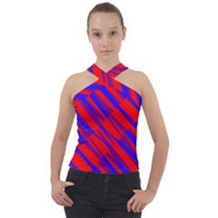 Geometric Blocks, Blue And Red Triangles, Abstract Pattern Cross Neck Velour Top by Casemiro