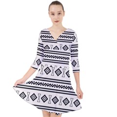 Black And White Aztec Quarter Sleeve Front Wrap Dress by tmsartbazaar