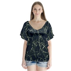 Neon Silhouette Leaves Print Pattern V-neck Flutter Sleeve Top by dflcprintsclothing