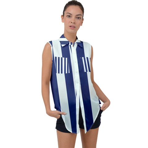 Navy In Vertical Stripes Sleeveless Chiffon Button Shirt by Janetaudreywilson