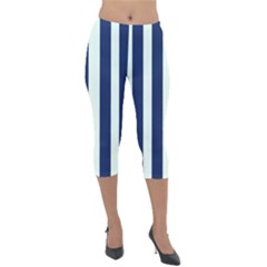 Navy In Vertical Stripes Lightweight Velour Capri Leggings  by Janetaudreywilson