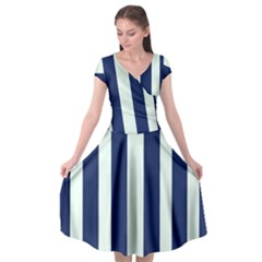 Navy In Vertical Stripes Cap Sleeve Wrap Front Dress by Janetaudreywilson