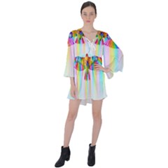 Rainbow Bird V-neck Flare Sleeve Mini Dress by Sparkle