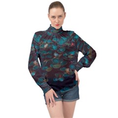 Realeafs Pattern High Neck Long Sleeve Chiffon Top by Sparkle