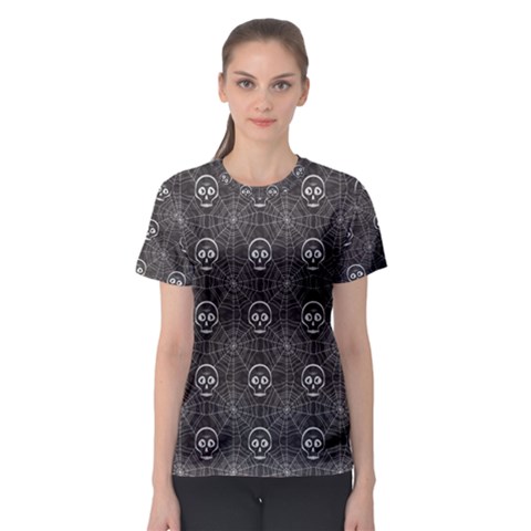 Skull And Spider Web On Dark Background Women s Sport Mesh Tee by FloraaplusDesign