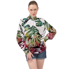 Watercolor Monstera Leaves High Neck Long Sleeve Chiffon Top by goljakoff