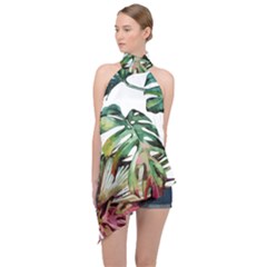 Watercolor Monstera Leaves Halter Asymmetric Satin Top by goljakoff