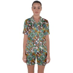 Multicolored Collage Print Pattern Mosaic Satin Short Sleeve Pyjamas Set by dflcprintsclothing