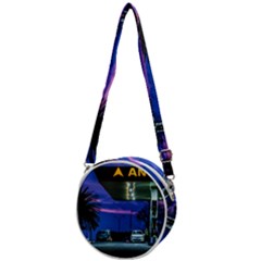 Night Scene Gas Station Building, Montevideo, Uruguay Crossbody Circle Bag by dflcprintsclothing