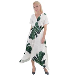 Green Banana Leaves Cross Front Sharkbite Hem Maxi Dress by goljakoff