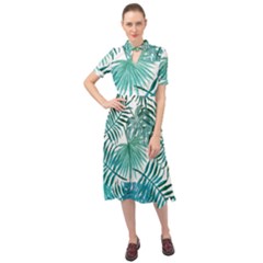 Blue Tropical Leaves Keyhole Neckline Chiffon Dress by goljakoff