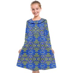 Gold And Blue Fancy Ornate Pattern Kids  Midi Sailor Dress by dflcprintsclothing