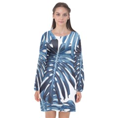 Blue Monstera Leaf Long Sleeve Chiffon Shift Dress  by goljakoff