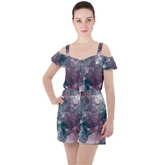 Teal And Purple Alcohol Ink Ruffle Cut Out Chiffon Playsuit by Dazzleway