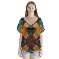 Teal And Orange V-neck Flutter Sleeve Top by Dazzleway