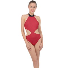 Amaranth Red & Black - Halter Side Cut Swimsuit by FashionLane