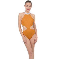 Apricot Orange & White - Halter Side Cut Swimsuit by FashionLane