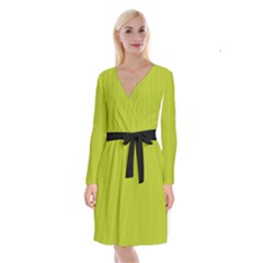 Acid Green & Black - Long Sleeve Velvet Front Wrap Dress by FashionLane