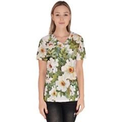 White Flowers Women s V-neck Scrub Top by goljakoff