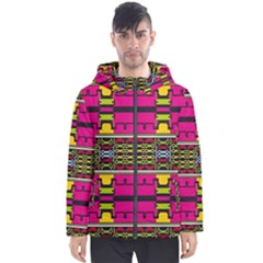 Pink Yellow Green Shapes                                                       Men s Hooded Puffer Jacket by LalyLauraFLM