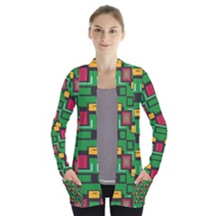 Rectangles On A Green Background                                                       Women s Open Front Pockets Cardigan by LalyLauraFLM