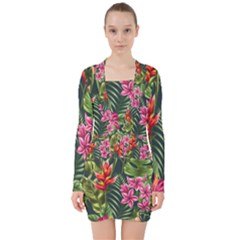 Tropical Flowers V-neck Bodycon Long Sleeve Dress by goljakoff