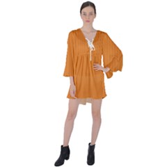 Cadmium Orange - V-neck Flare Sleeve Mini Dress by FashionLane