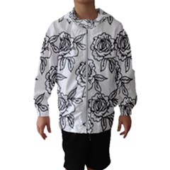 Line Art Black And White Rose Kids  Hooded Windbreaker by MintanArt