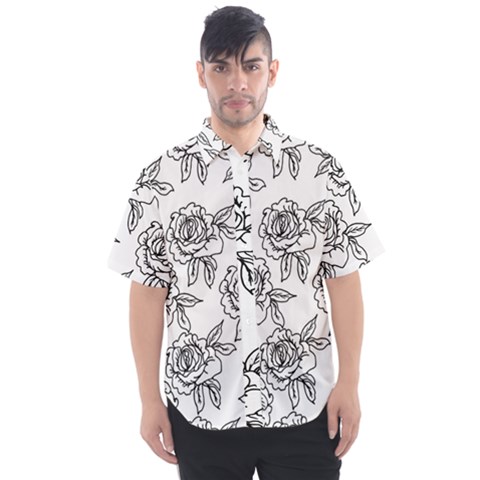 Line Art Black And White Rose Men s Short Sleeve Shirt by MintanArt