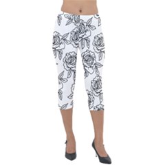 Line Art Black And White Rose Lightweight Velour Capri Leggings  by MintanArt